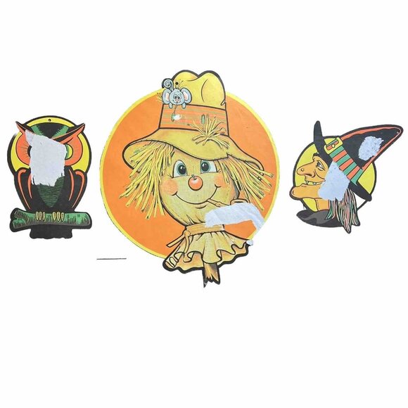 Beistle Co Large Halloween Paper Cutout Lot Of 3 Scarecrow Witch Owl Damaged - Picture 2 of 4